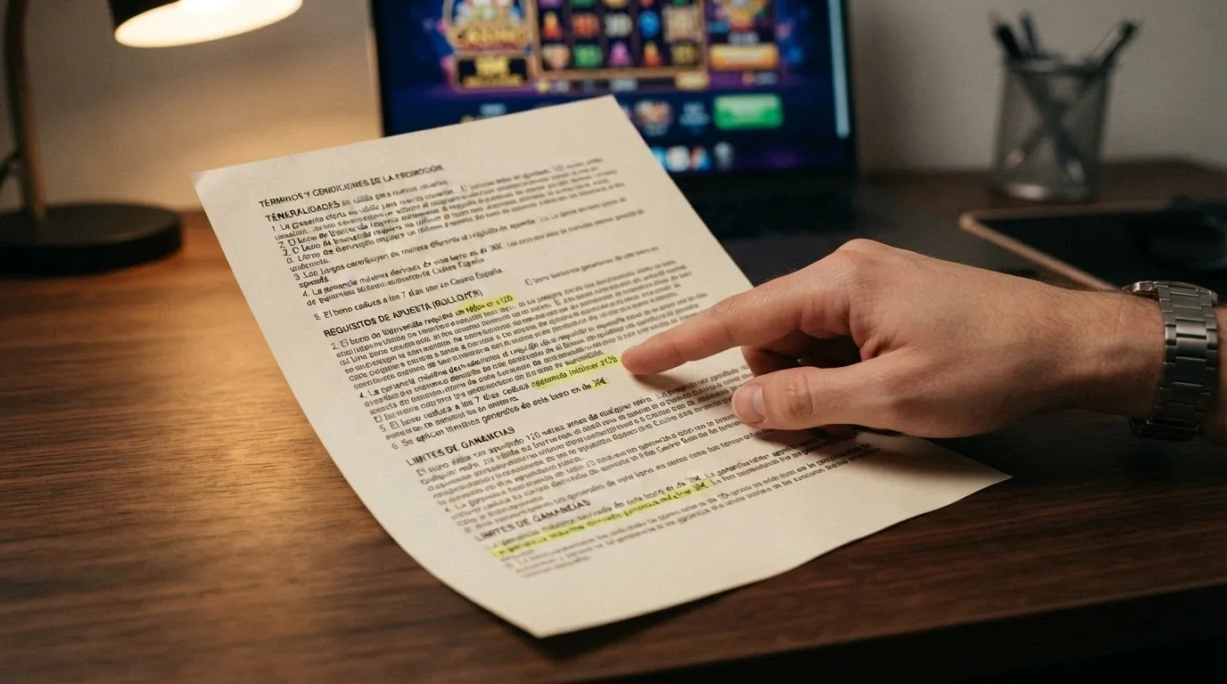 Un primer plano de la letra pequeña de unas condiciones de bono: se leen los términos «rollover x120» y «ganancia máxima 30€» sobre un fondo de pantalla de casino
