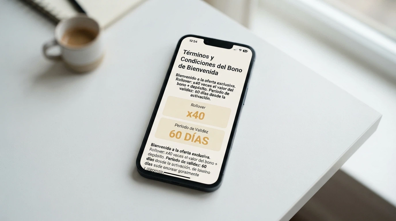Primer plano de los términos y condiciones de un bono de bienvenida en la web de un casino online español, con el requisito de apuesta y la vigencia resaltados