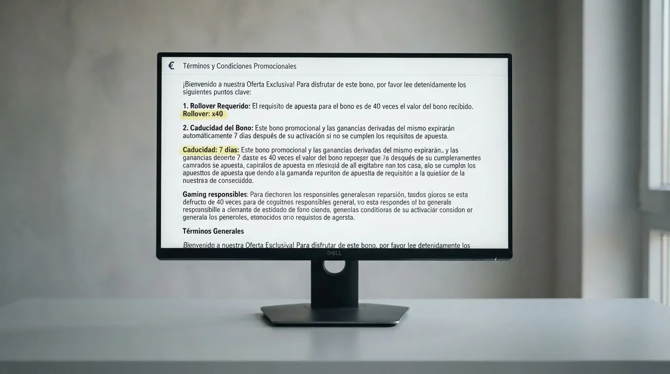 Primer plano de los términos y condiciones de una promoción de giros gratis en la pantalla de un ordenador, con las cifras de rollover y caducidad resaltadas