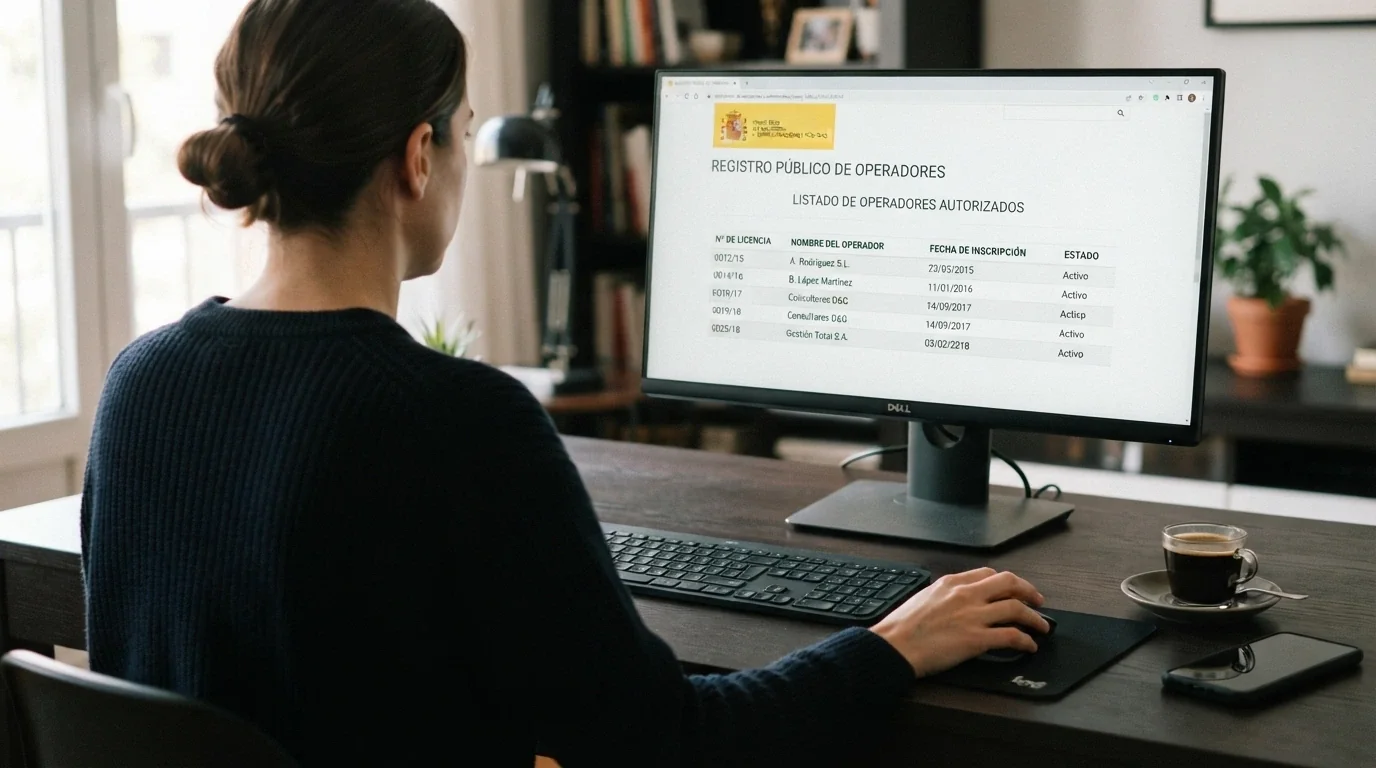 Manos sobre un teclado, pantalla de ordenador mostrando una página web gubernamental con un listado de operadores y números RGL