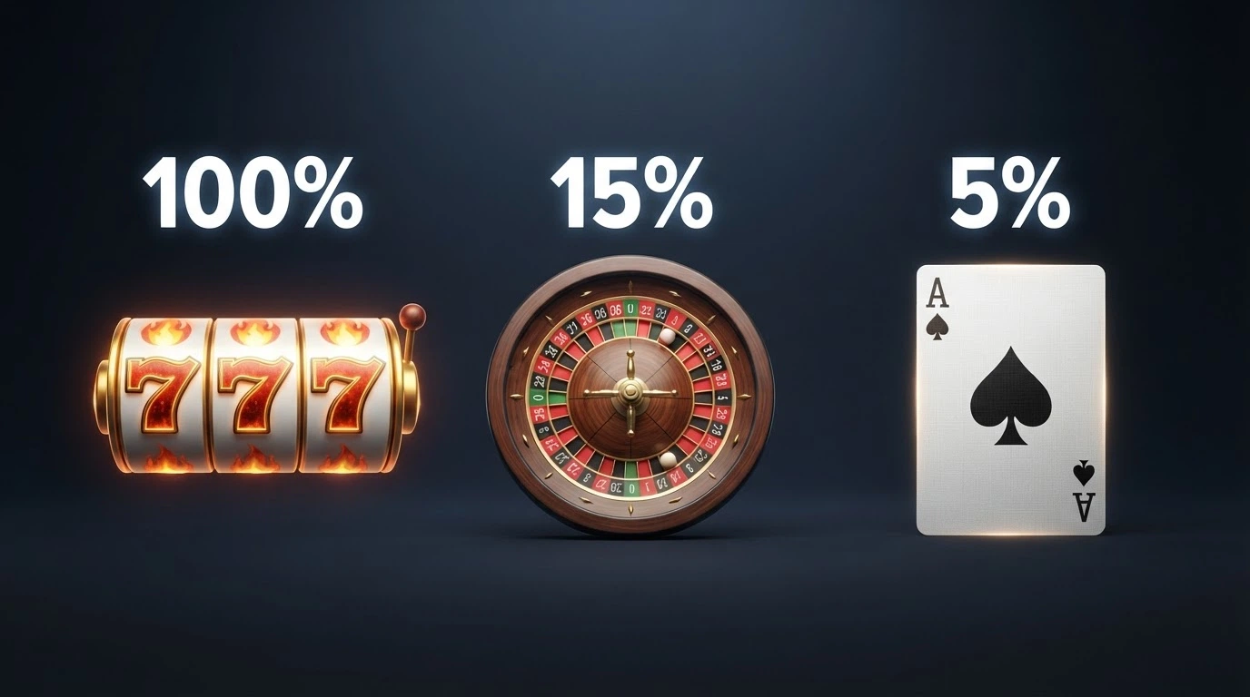 Tres iconos de juego —tragaperras, ruleta, blackjack— con porcentajes de contribución diferentes superpuestos