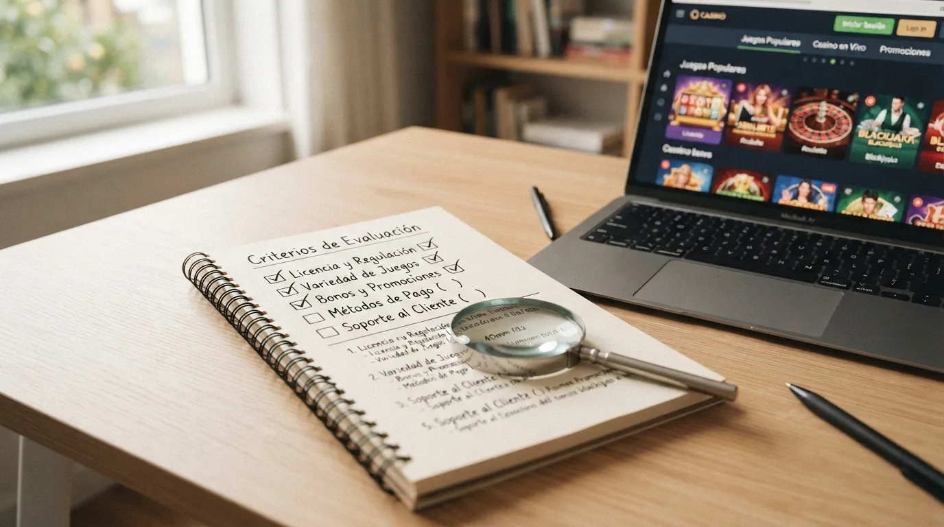 Una lista en una libreta con cinco criterios tachados: licencia verificable, rollover bajo, retirada rápida, KYC razonable, catálogo de proveedores. Junto a ella, una lupa sobre la pantalla de un portátil