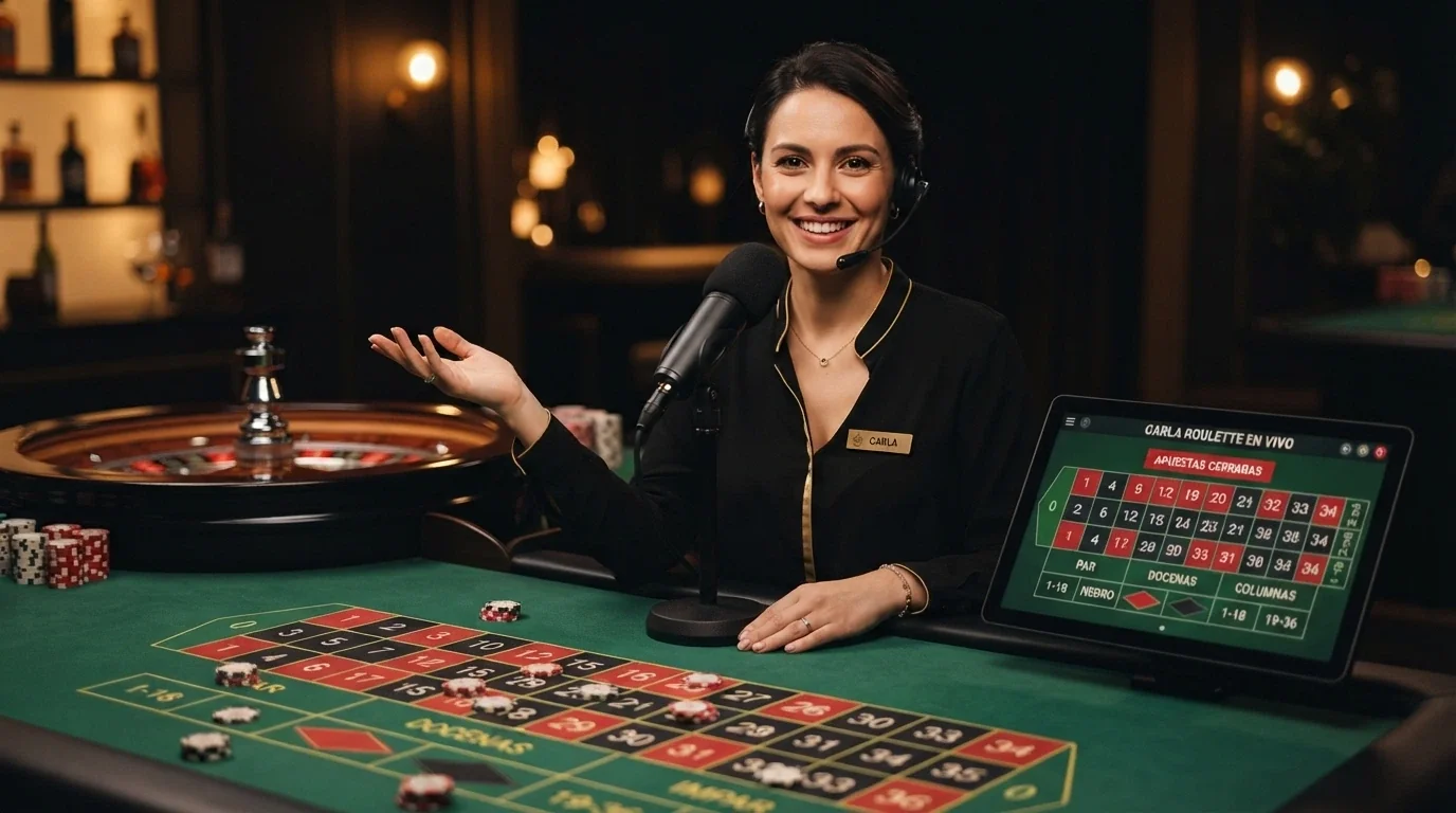 Crupier hispanohablante sonriendo mientras anuncia las apuestas en una mesa de ruleta en vivo, con la interfaz del juego en español visible en pantalla