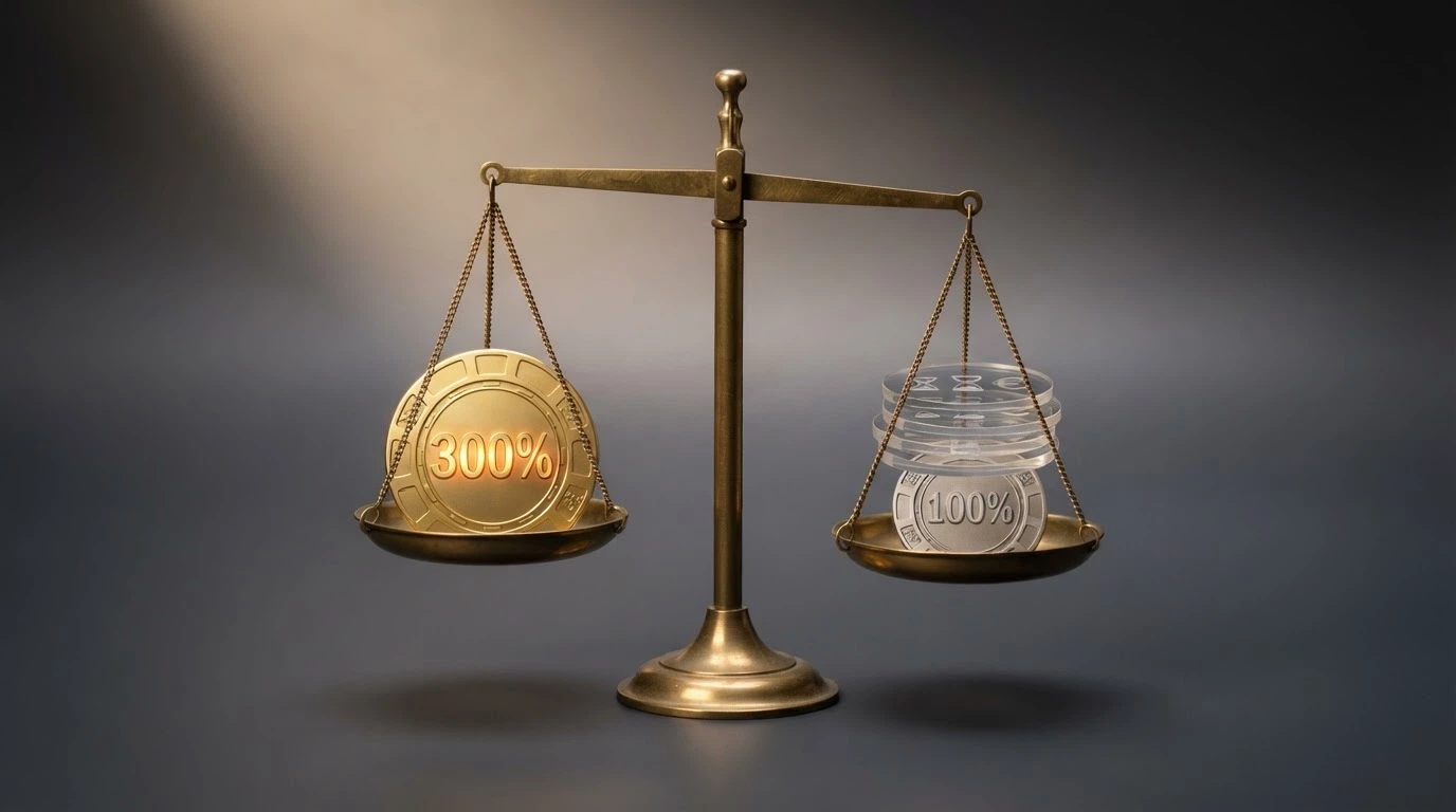 Una balanza con dos bonos de casino en cada platillo — uno brillante con 300% y otro más pequeño con 100% — pero el de 100% pesa más porque tiene menos carga de condiciones