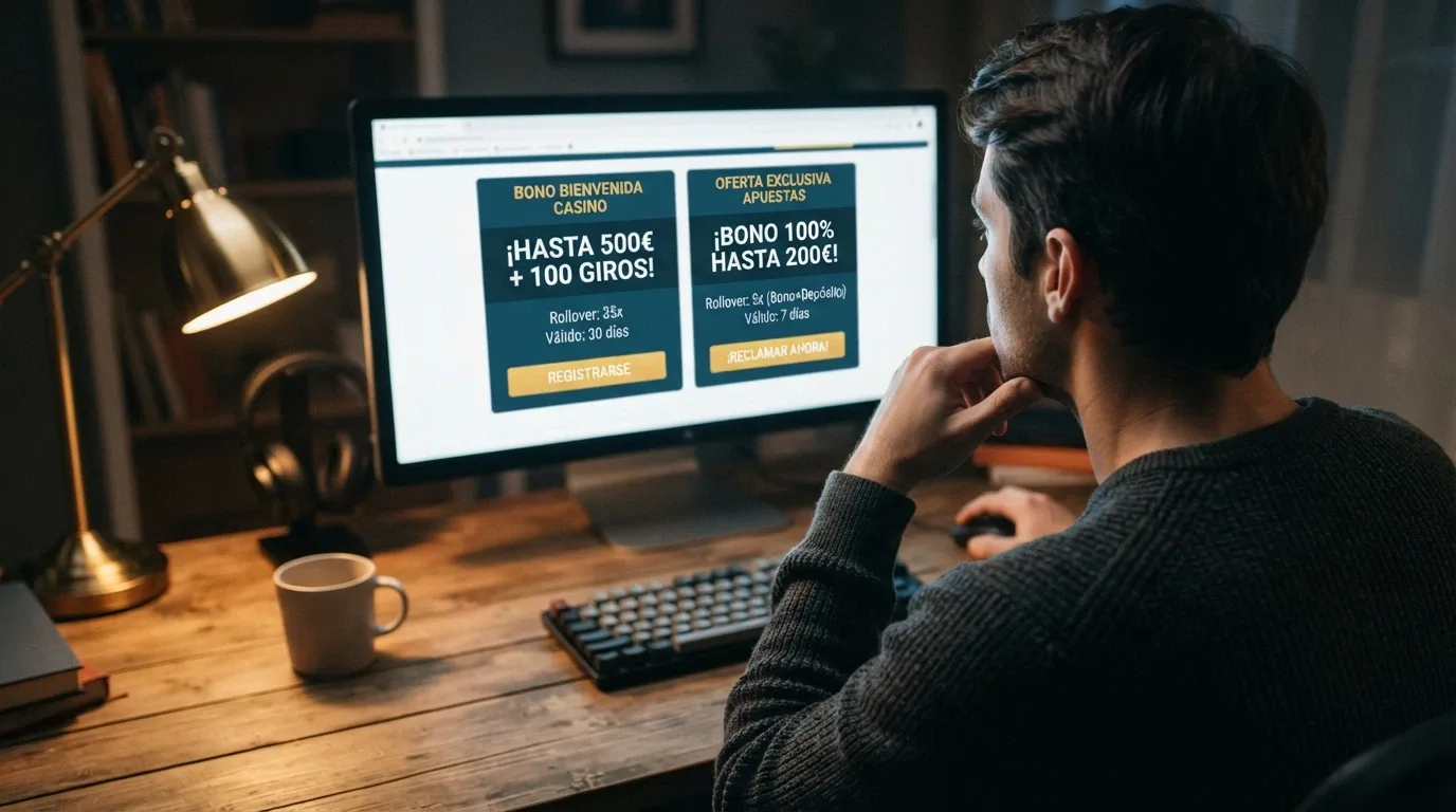 Una persona ante la pantalla de un ordenador comparando dos ofertas de bono de cumpleaños, con expresión de estar sopesando una decisión