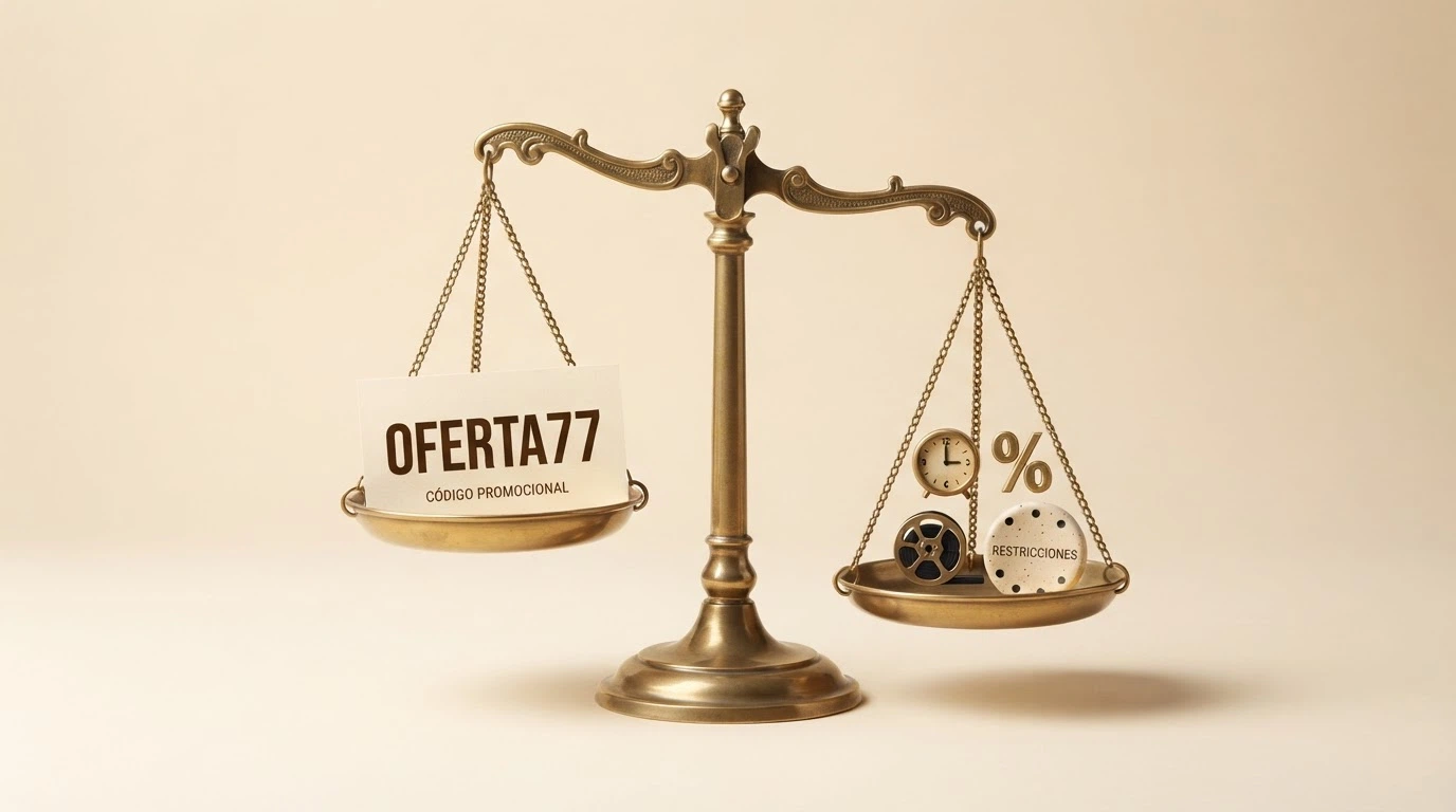 Una balanza con un código promocional en un platillo y una lista de condiciones (rollover, plazo, RTP, límite de ganancia) en el otro, inclinándose hacia el lado de las condiciones