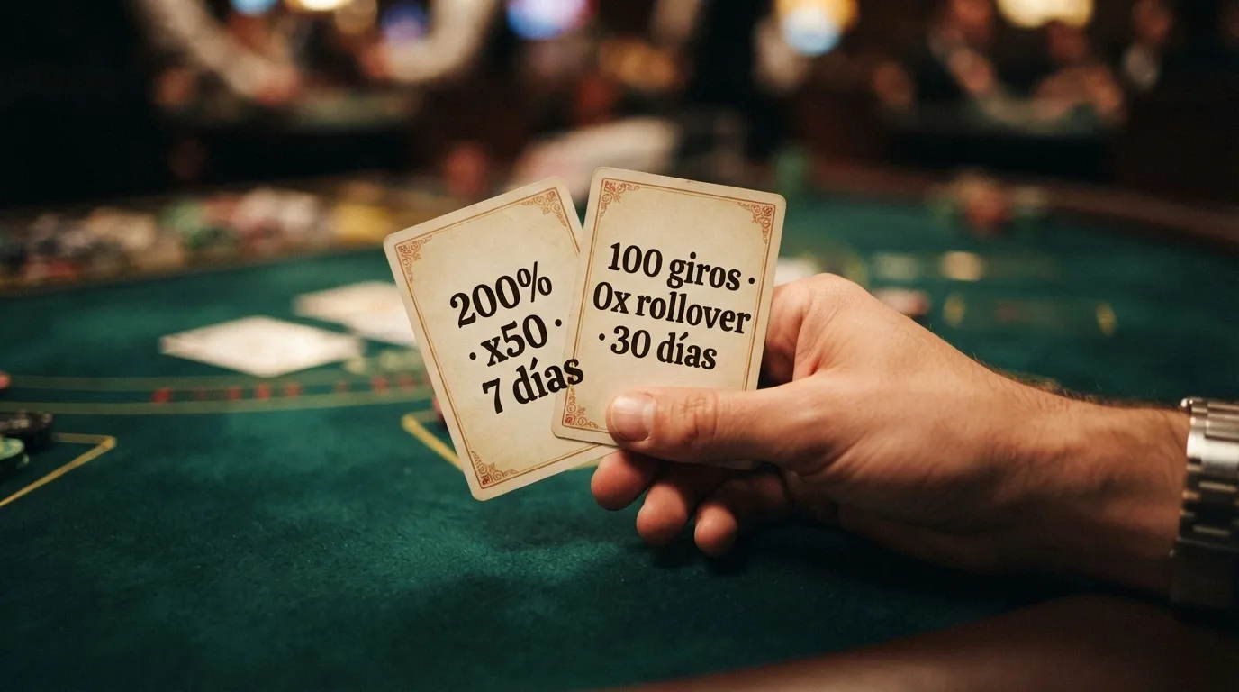 Una mano sosteniendo dos cartas boca arriba: una muestra «200% · x50 · 7 días» y la otra «100 giros · 0x rollover · 30 días», con el texto «elige con información» debajo
