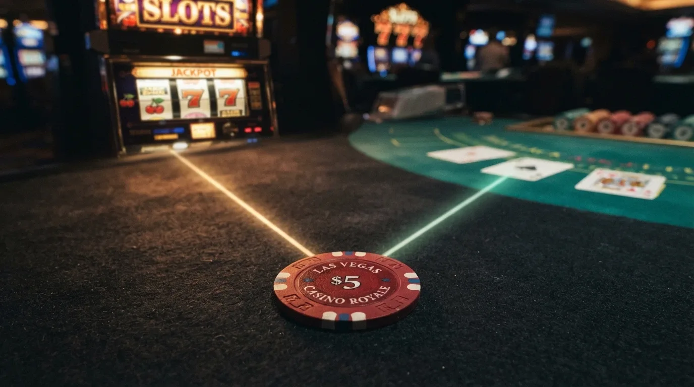 Dos caminos que se bifurcan desde una ficha de casino central: uno lleva a una máquina de slots iluminada, el otro a una mesa de blackjack