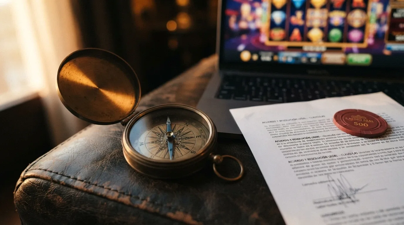 Brújula sobre un fondo que combina elementos de juego online y documentos legales, sugiriendo orientación