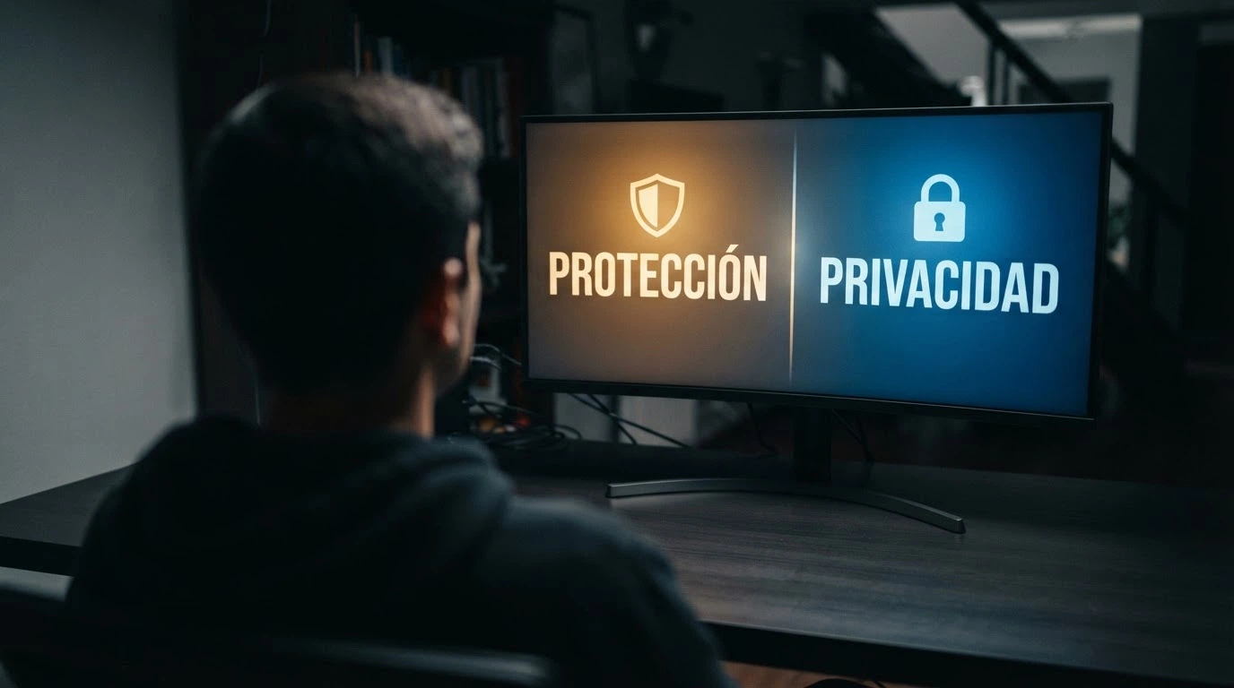 Jugador frente a una pantalla dividida: a un lado un casino con licencia DGOJ y protección, al otro un casino offshore sin KYC