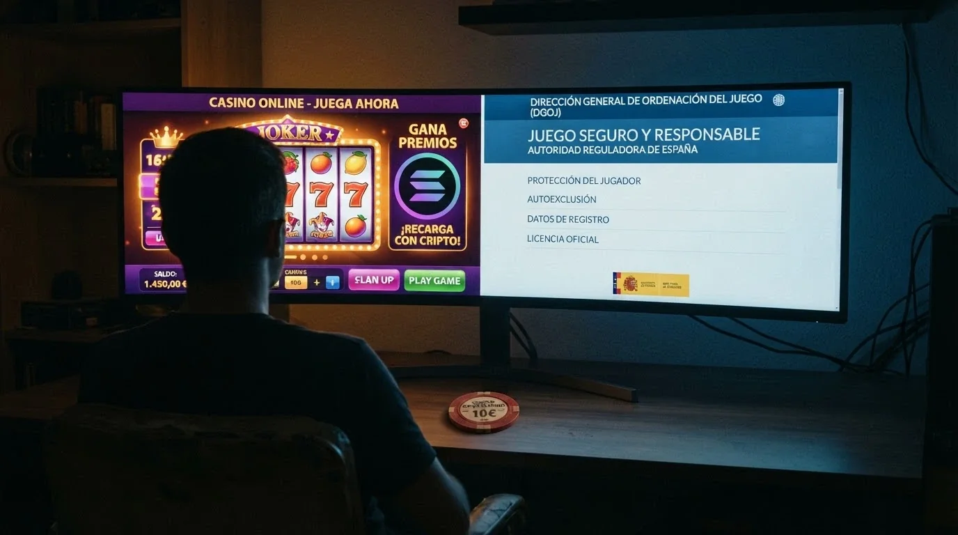 Un jugador frente a una pantalla dividida: a un lado un casino con Solana, al otro el portal de la DGOJ con información sobre juego seguro