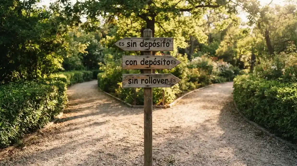Tres caminos que se bifurcan desde un mismo punto de partida, cada uno señalizado con un tipo de promoción: «sin depósito», «con depósito», «sin rollover»