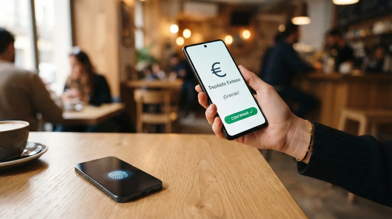 Secuencia de pantallas: la app de CaixaBank Pay con autenticación biométrica, la pantalla de importe y la confirmación de depósito en el casino