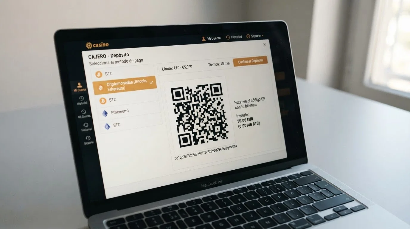 Pantalla de cajero de casino con la selección de Binance Coin como método de depósito y un código QR de dirección BEP-20