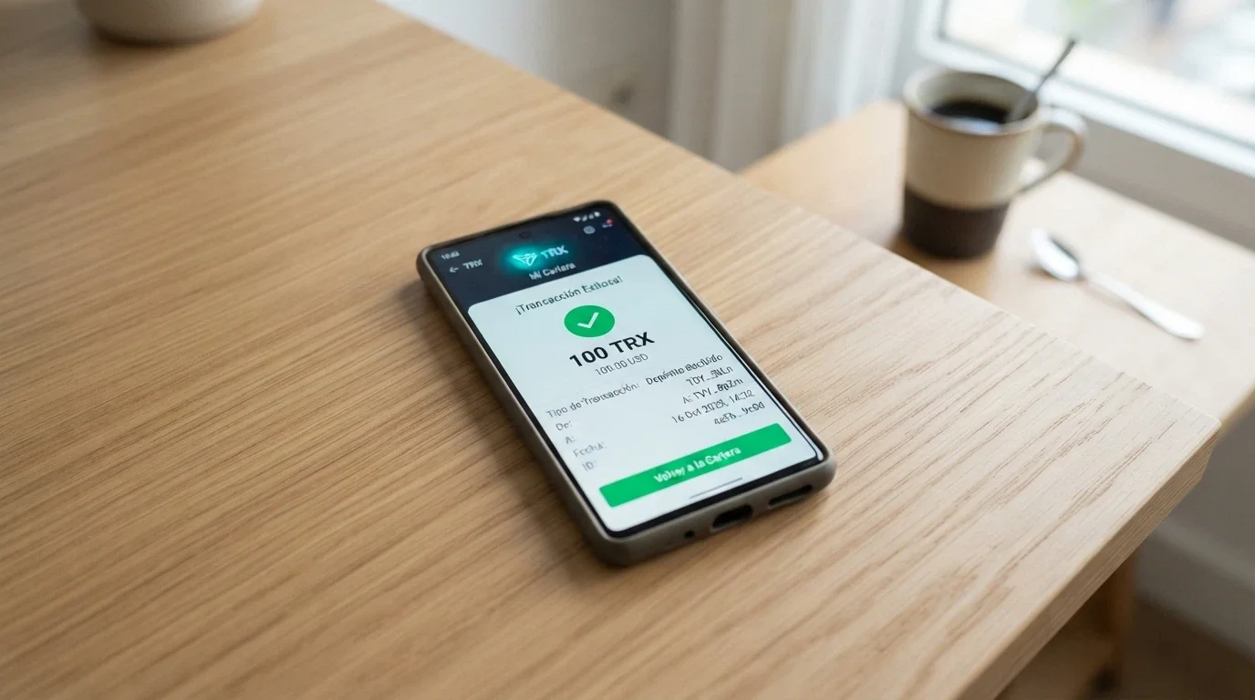 Pantalla de un smartphone mostrando una wallet TronLink con una transacción de 100 TRX en curso hacia una dirección de casino, con la confirmación «completado» en pantalla