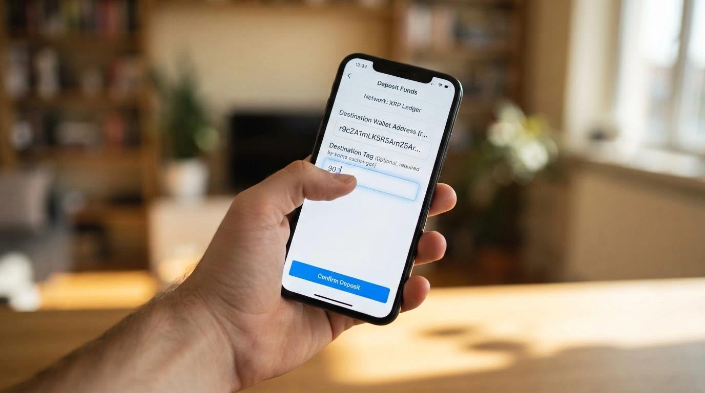 Primer plano de la pantalla de un teléfono durante un depósito en XRP: se ven el campo de dirección (que empieza por «r») y el campo de destination tag con un número de 8 dígitos, ambos marcados como obligatorios