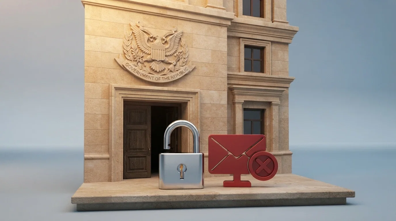 Fachada del Ministerio de Derechos Sociales, Consumo y Agenda 2030 con el logotipo de la DGOJ superpuesto y un candado abierto sobre el icono de un SMS tachado