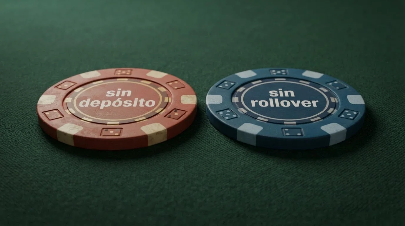 Dos caminos que se bifurcan: una ficha con la etiqueta «sin depósito» y otra con «sin rollover» sobre una mesa de casino