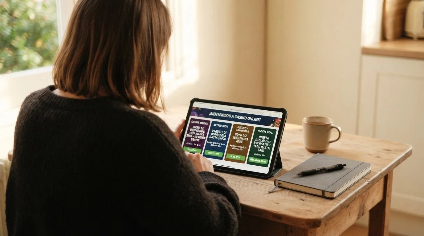 Jugador consultando ofertas de casino online desde una tablet en un entorno doméstico con una libreta de anotaciones al lado