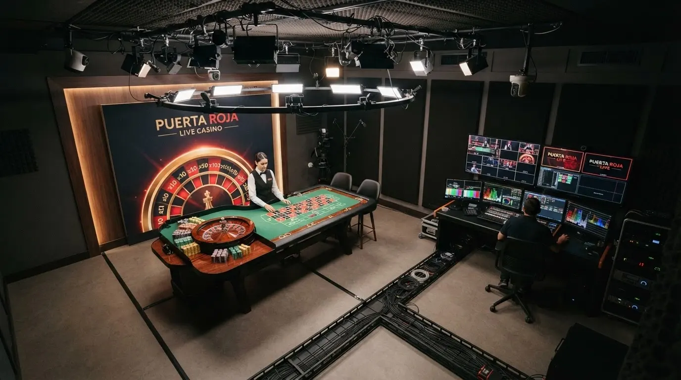 Interior de un estudio de emisión con mesa de ruleta, iluminación profesional y pantalla de control; detalle del tapete de Ruleta Puerta Roja En Vivo con los multiplicadores destacados