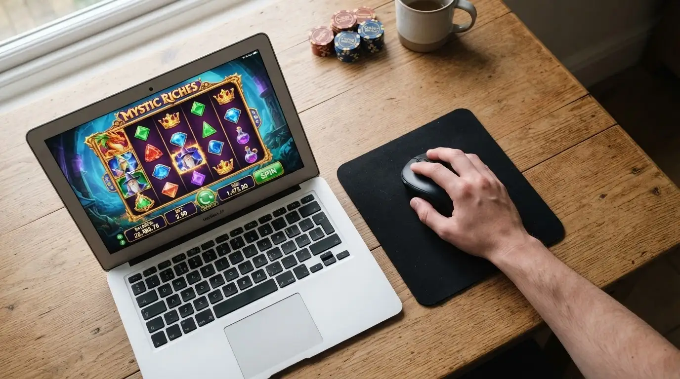 Una mano sobre un ratón junto a una pantalla que muestra una tragaperras Fire Blaze en modo demo, con fichas de «crédito virtual» visibles