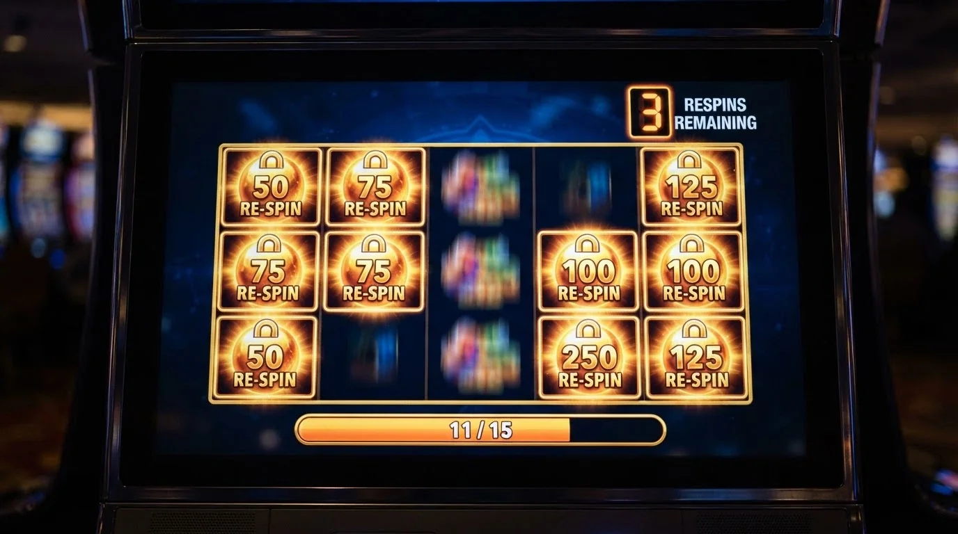 Primer plano de una pantalla de slot con varios símbolos especiales fijados y el contador de respins visibles en la interfaz