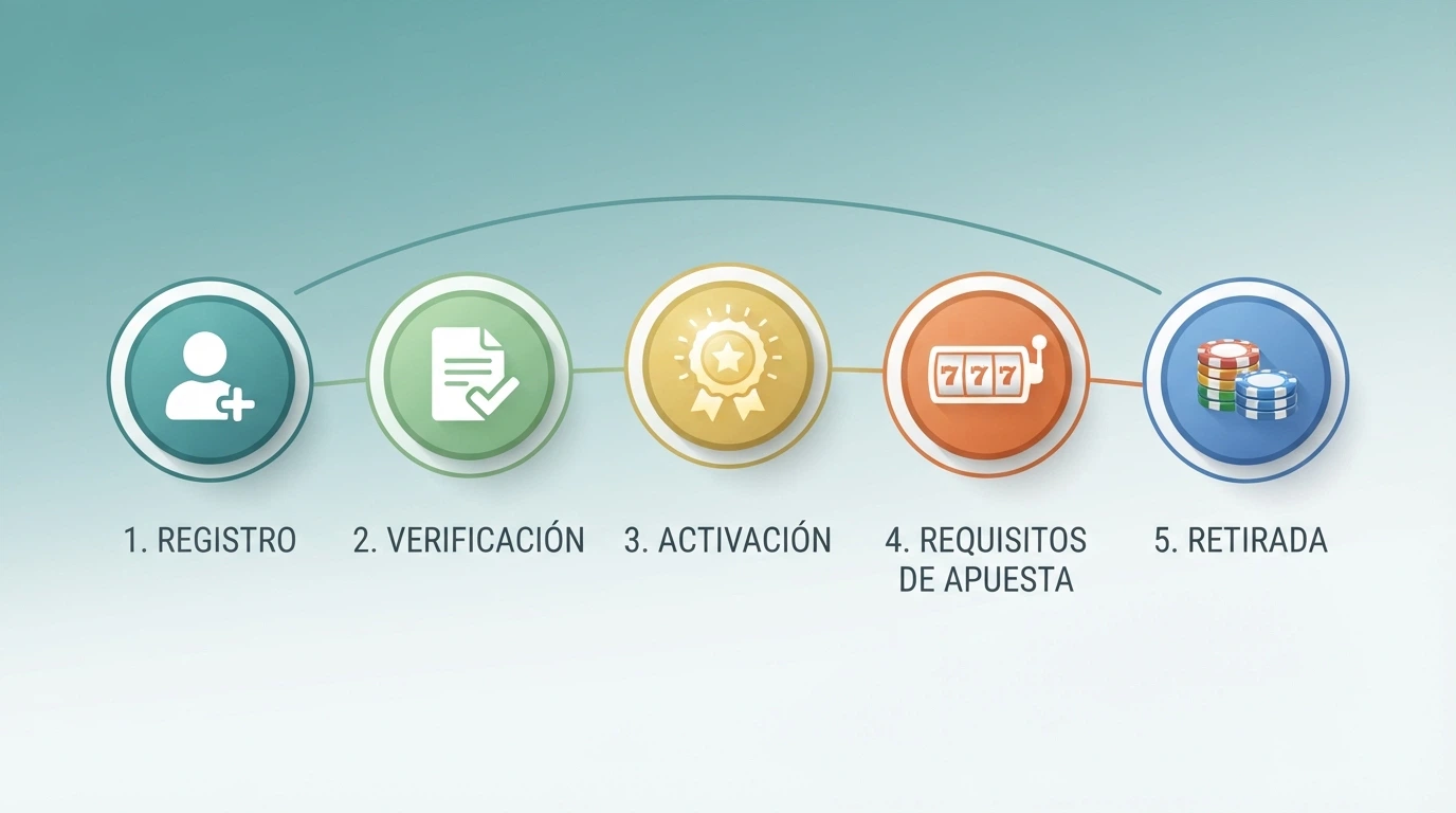 Infografía del proceso de registro, verificación y activación de un bono sin depósito en un casino online