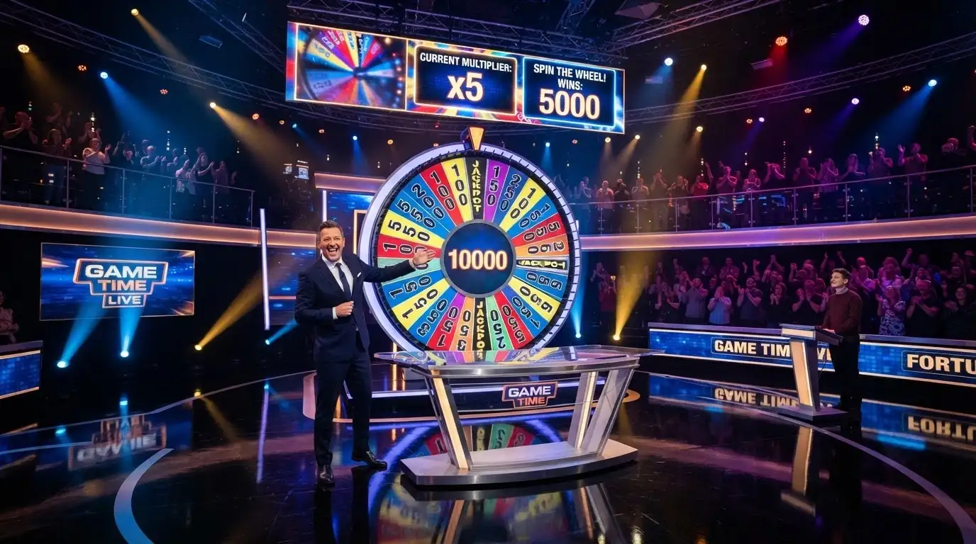 Plató de Crazy Time con la rueda de colores y el presentador en directo, público virtual y contador de multiplicadores visibles