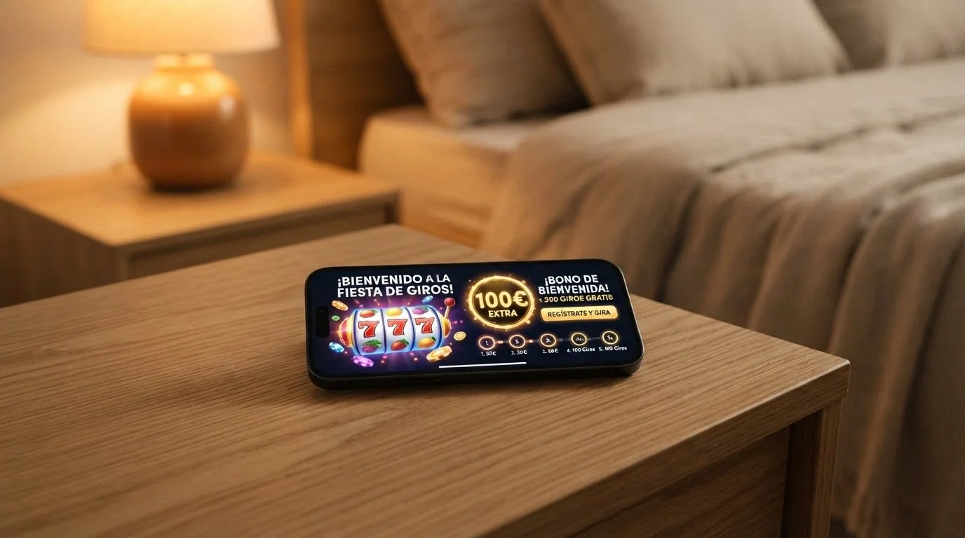 Pantalla de promoción de giros gratis en un casino online español junto al botón de depósito con Apple Pay