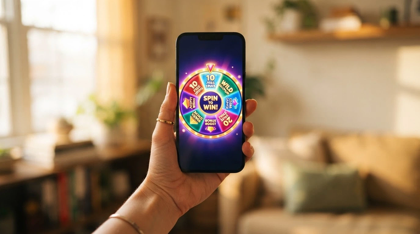 Una mano sosteniendo un móvil con la pantalla mostrando una ruleta de giros gratis activada, sin ningún campo de depósito visible