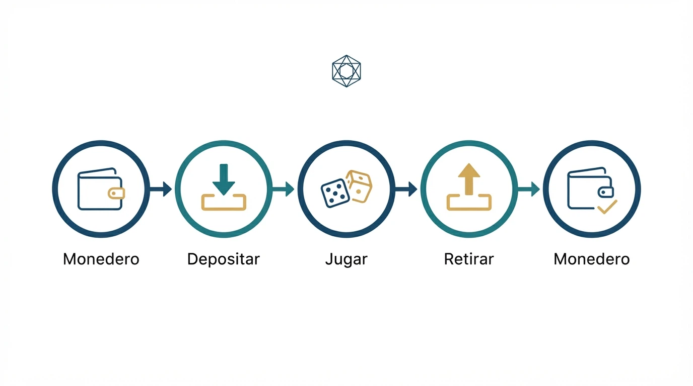 Infografía lineal de cinco pasos con iconos: wallet, depósito, jugar, retirar, wallet de vuelta; cada paso con el logo ADA