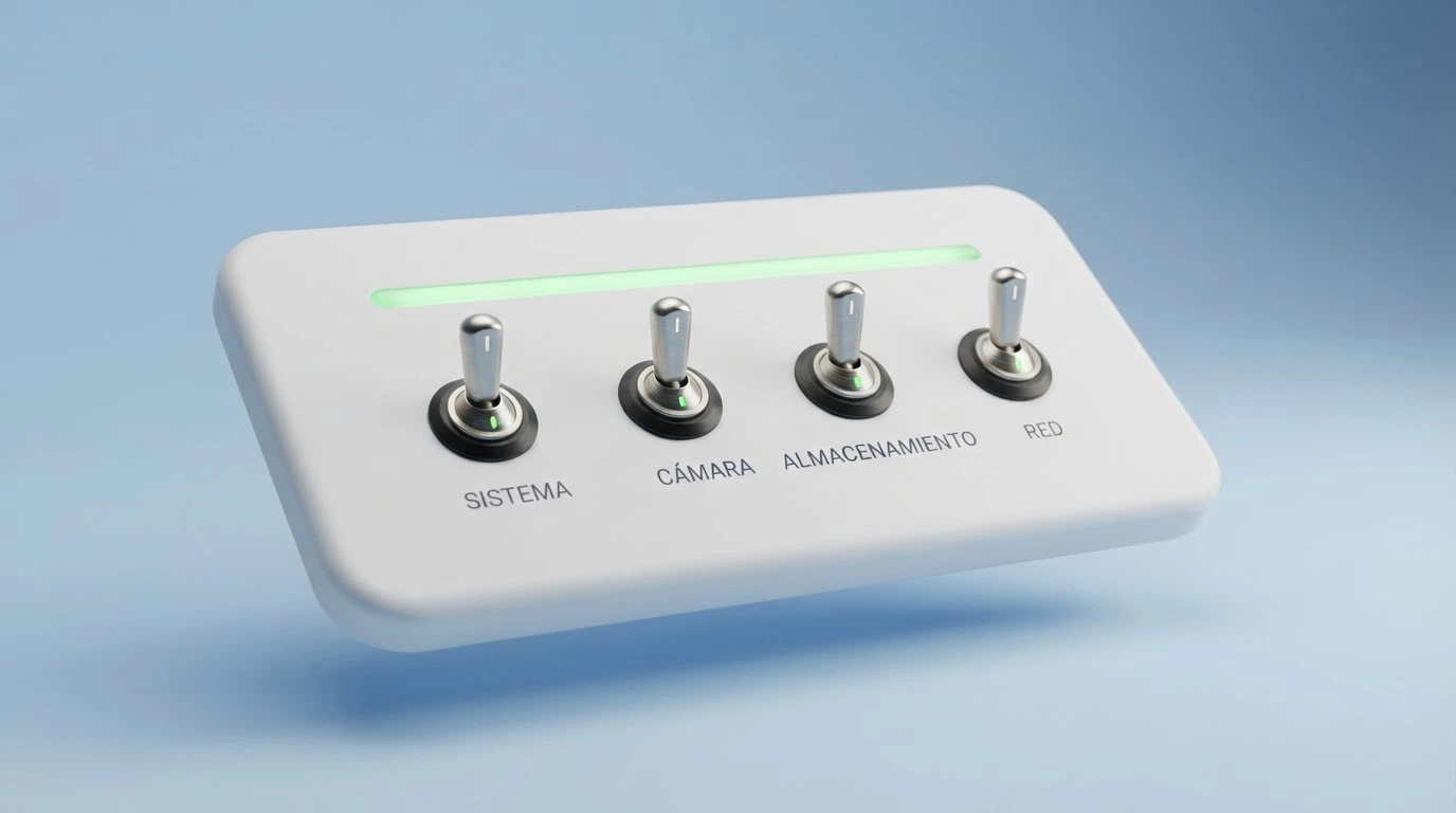 Un panel de control con interruptores etiquetados: límite de depósito, límite de sesión, autoexclusión RGIAJ y mensaje de autoevaluación, todos en posición de activado