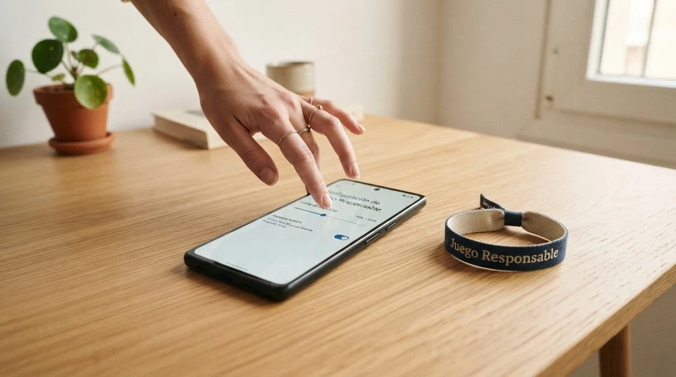 Teléfono móvil con la pantalla de ajustes de límites de depósito y autoexclusión de un casino online, junto a una pulsera con el lema «juego responsable»