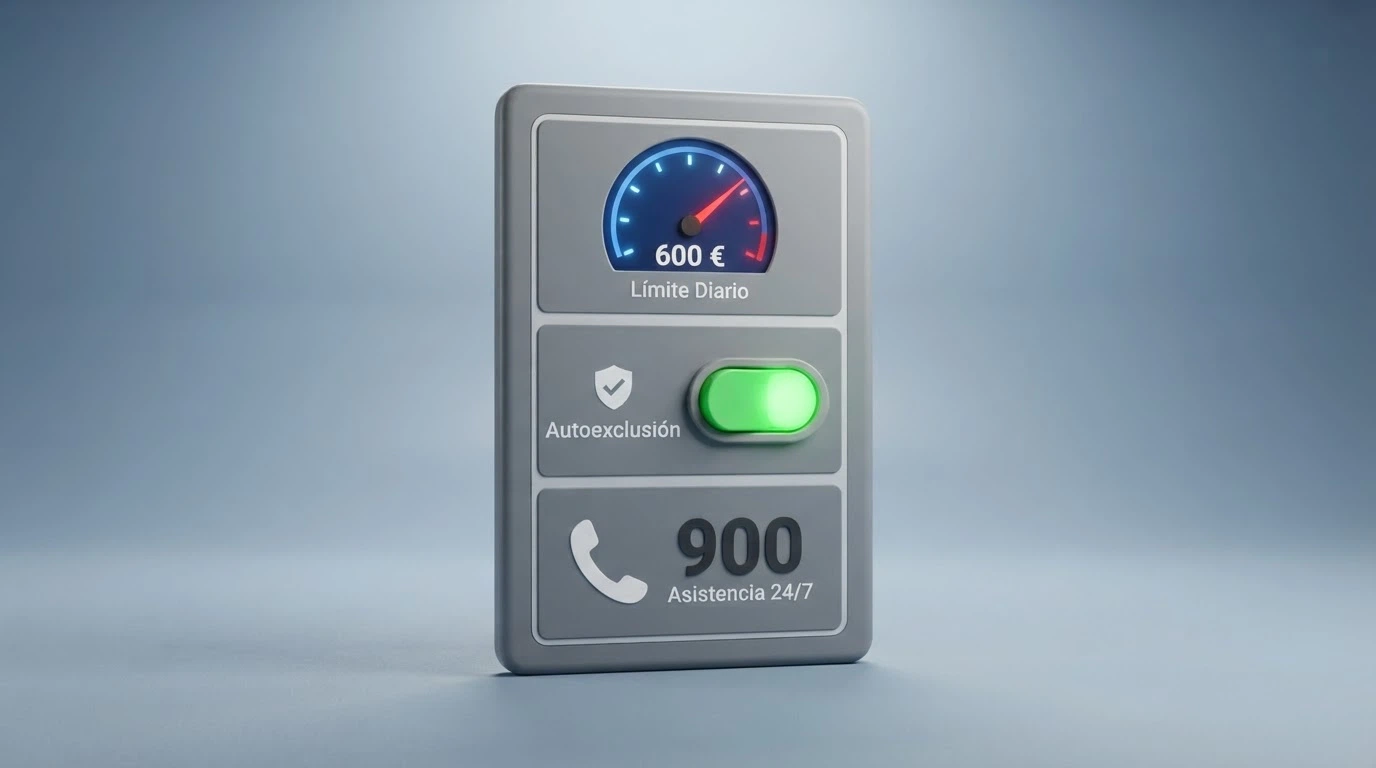 Un panel de control con tres secciones: límite diario 600 €, interruptor de autoexclusión y un icono de teléfono con el número 900