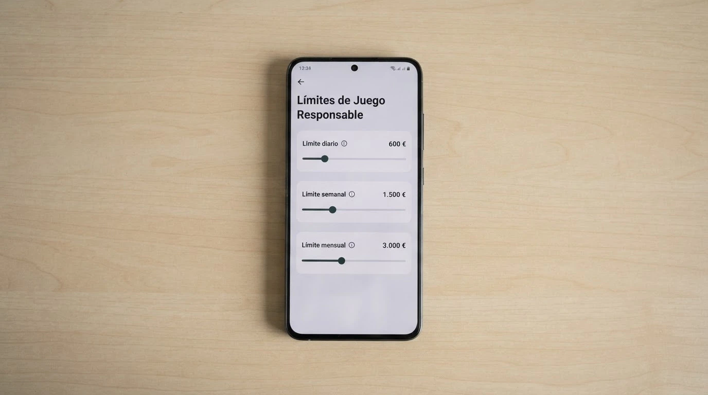 Panel de control de límites de depósito de un casino con licencia DGOJ: pantalla que muestra los límites diario, semanal y mensual.