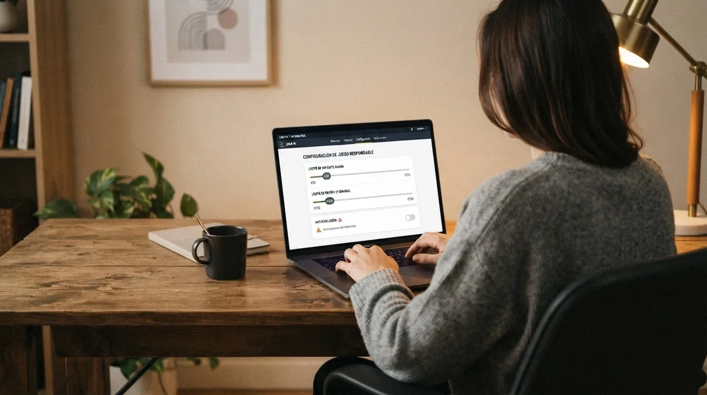 Una persona tecleando en un portátil con una pantalla que muestra un panel de control de límites de depósito: se leen «límite diario», «límite semanal» y el icono de autoexclusión