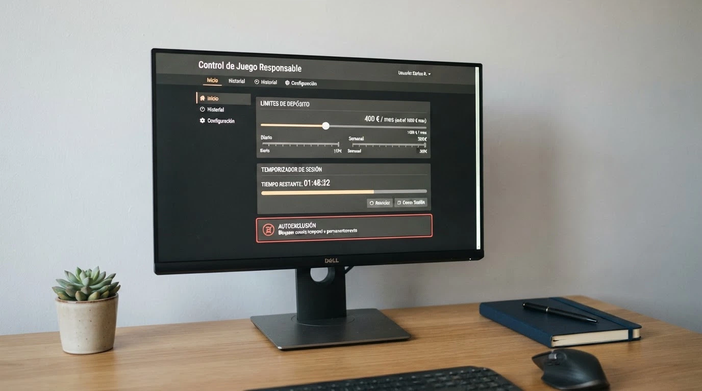 Un panel de control de juego responsable en la pantalla de un ordenador, con los controles de límite de depósito, tiempo de sesión y el botón de autoexclusión visible