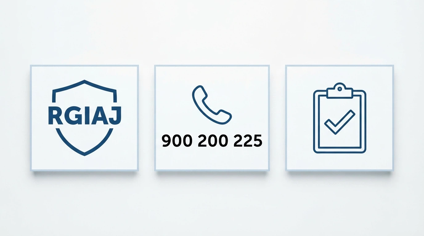 Infografía limpia con tres bloques: el logotipo del RGIAJ, el número 900 200 225 de FEJAR y el icono de un test de autoevaluación, sobre fondo blanco