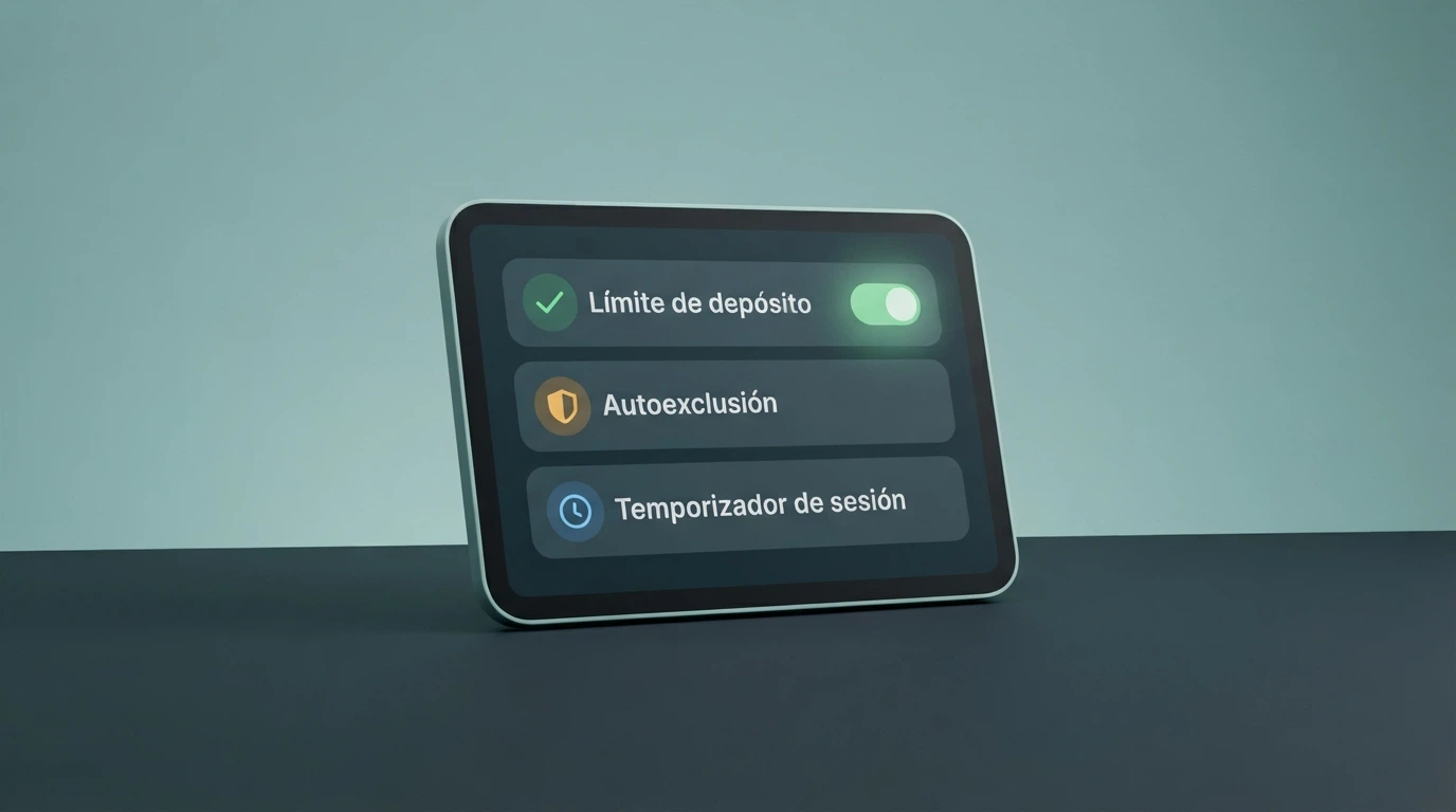 Un panel de control con botones etiquetados como «Límite de depósito», «Autoexclusión» y «Temporizador de sesión» sobre un fondo sereno