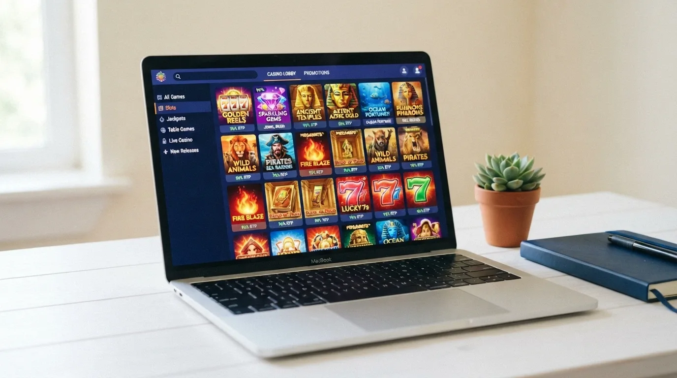 La pantalla de un ordenador portátil mostrando el vestíbulo de tragaperras de 888casino con los títulos destacados en mosaico; el entorno es un escritorio doméstico con luz natural