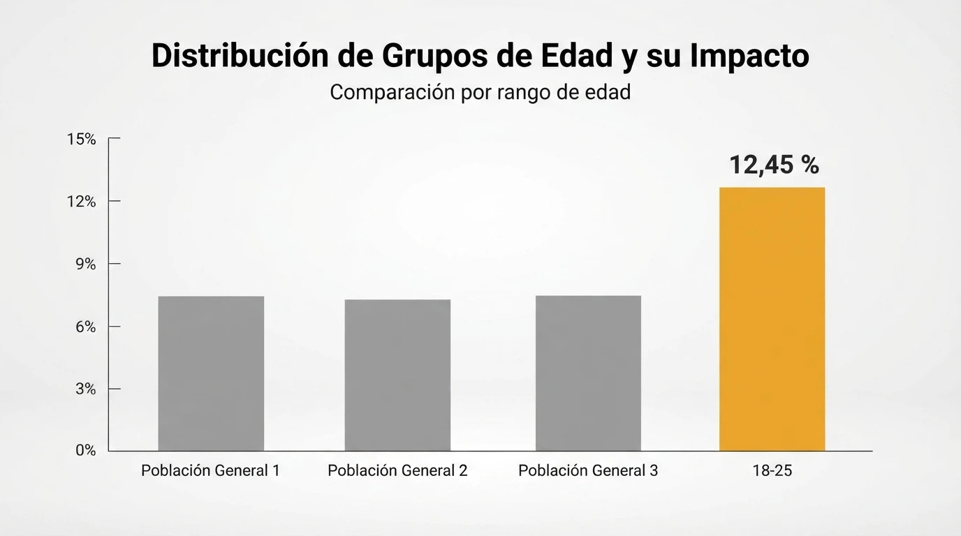 Un gráfico de barras simplificado que muestra la prevalencia de síntomas de trastorno del juego: la barra de jóvenes de 18 a 25 años destaca muy por encima de la media poblacional