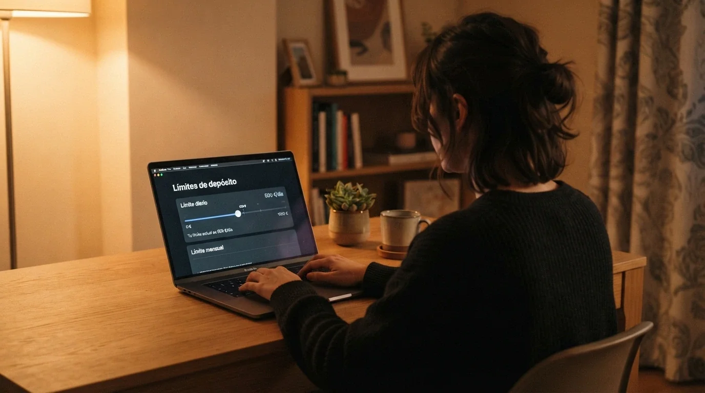 Una persona tecleando en un portátil con una pantalla que muestra un formulario de establecimiento de límites de depósito, en un entorno doméstico tranquilo
