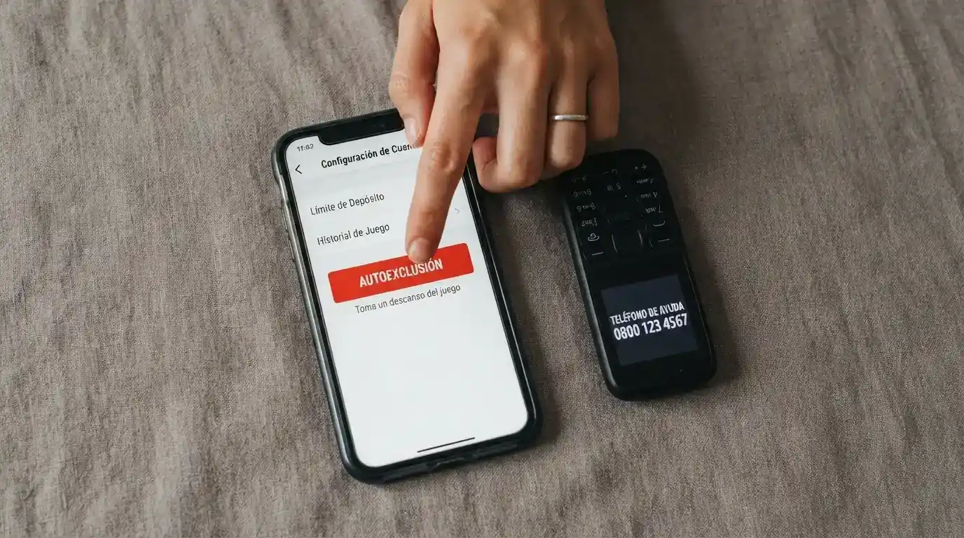 Una mano que pulsa el botón de «autoexclusión» en la pantalla de configuración de cuenta de un casino online, con un teléfono móvil al lado mostrando un número de ayuda