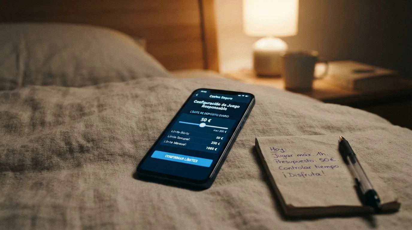 Un teléfono móvil mostrando la pantalla de configuración de límites de depósito de un casino junto a un teclado con el número 91 425 08 11