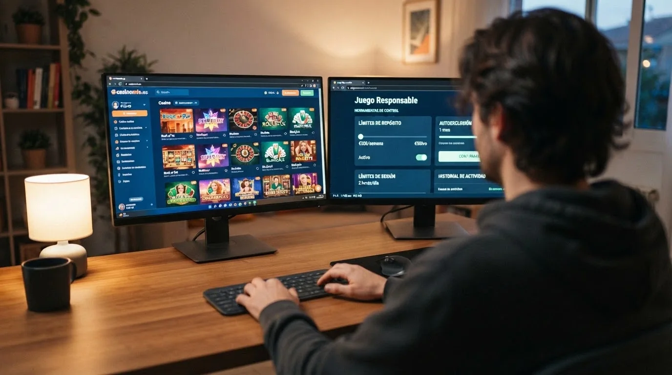 Una mano apoyando sobre un ratón junto a un teclado, con una segunda pantalla mostrando el panel de «límites de depósito» y «autoexclusión» del área de juego seguro de un operador