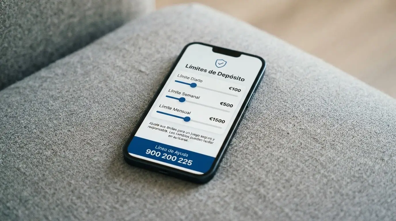 Interfaz de configuración de límites de depósito en un casino online español, con el logo RGIAJ y el teléfono FEJAR 900 200 225 en una franja inferior