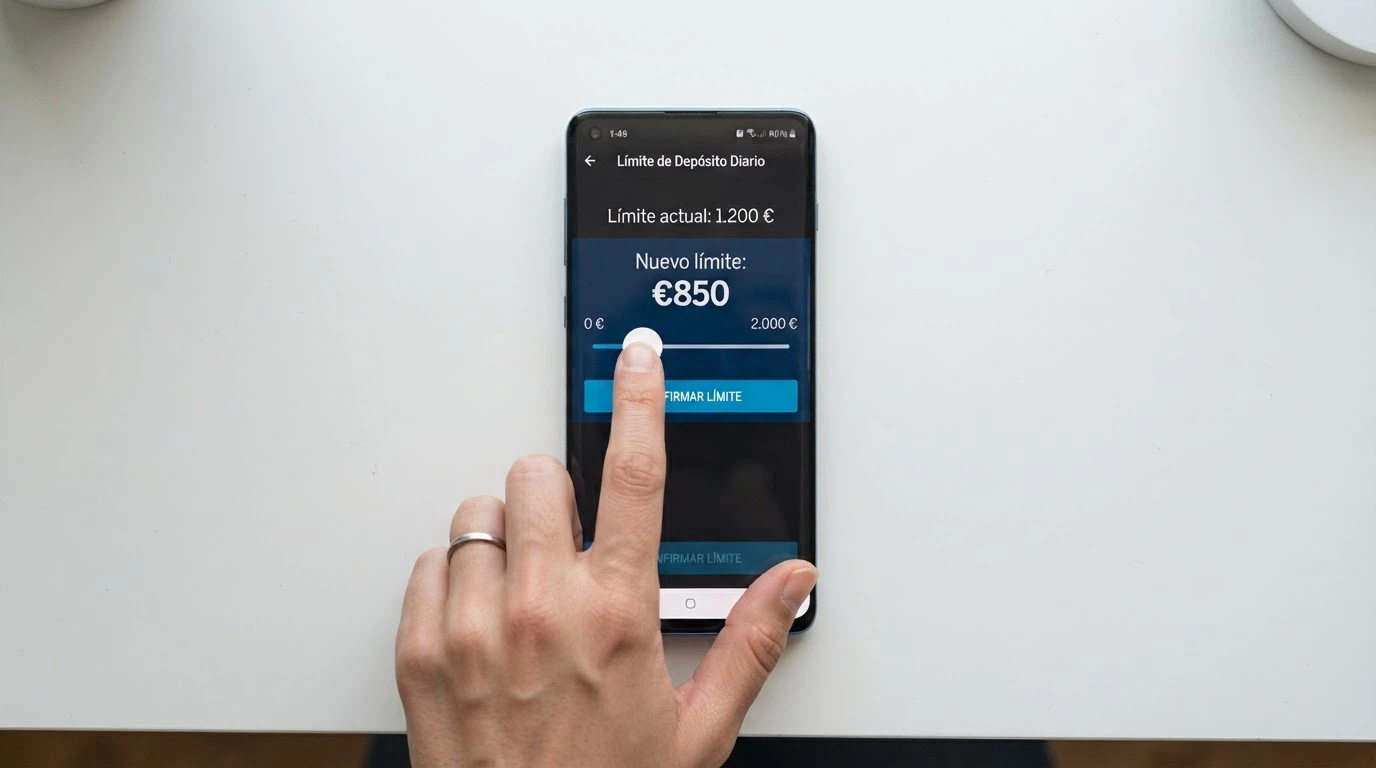 Una mano ajustando un deslizador de límite de depósito en la pantalla de un móvil, con el logo del RGIAJ y un teléfono de ayuda visibles en segundo plano