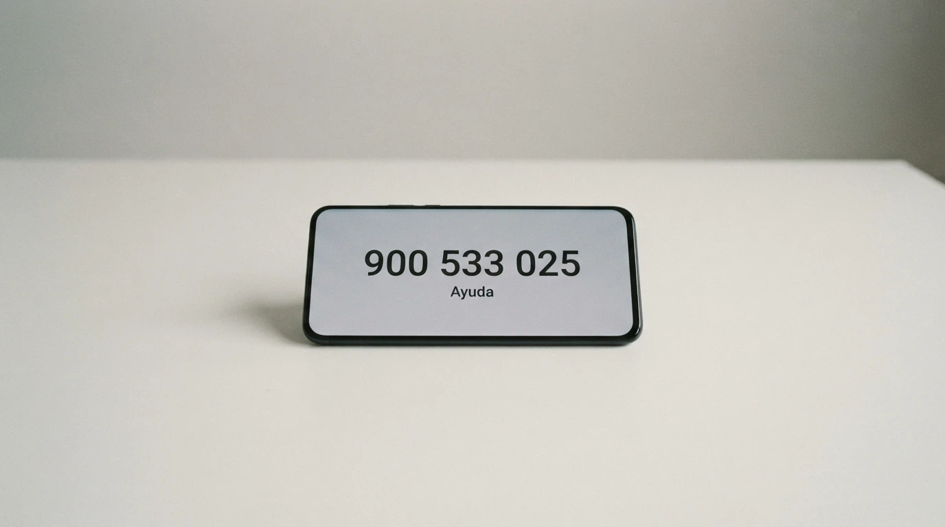 Teléfono móvil con el número gratuito 900 533 025 en pantalla junto al logotipo de la DGOJ