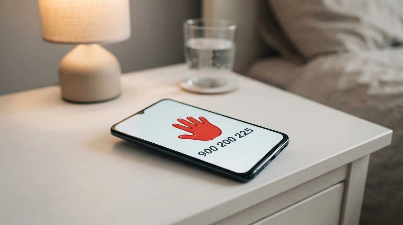 Un teléfono móvil con la pantalla mostrando el icono de una mano que detiene una ruleta, junto a los números de ayuda 900 200 225 y 91 425 08 11