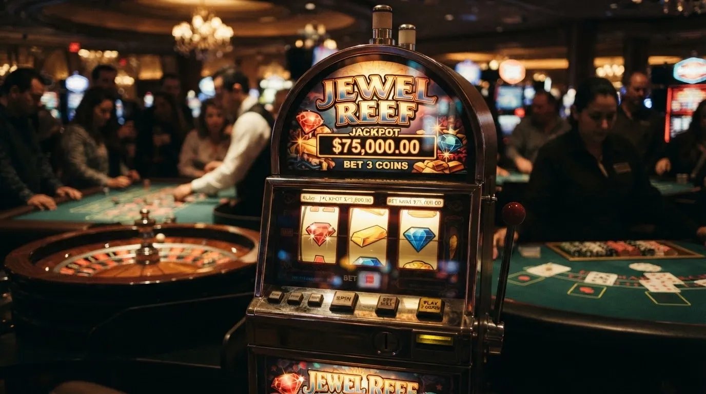 Parrilla de miniaturas de slots, una ruleta en vivo y una mesa de blackjack, con el logotipo ADA superpuesto en la esquina